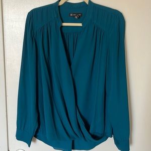 INC teal mock wrap blouse